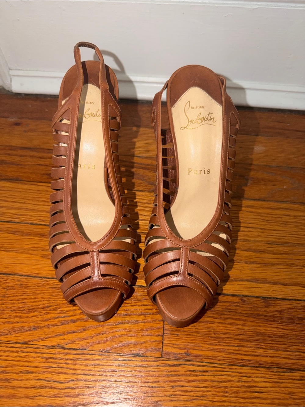 Christian Louboutin Tan Brown Strappy Peep-Toe Slingback Heels